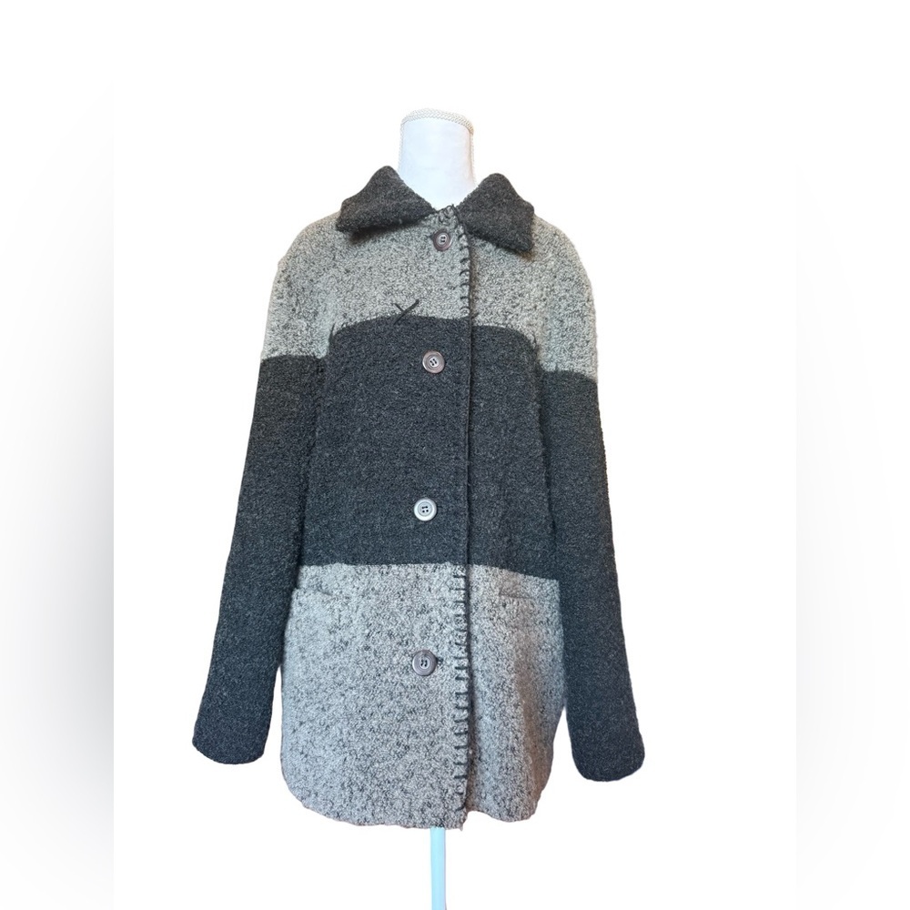 Utex Design Wool Blend Bouclé Coat Colorblock Gray Black Button Front Size L